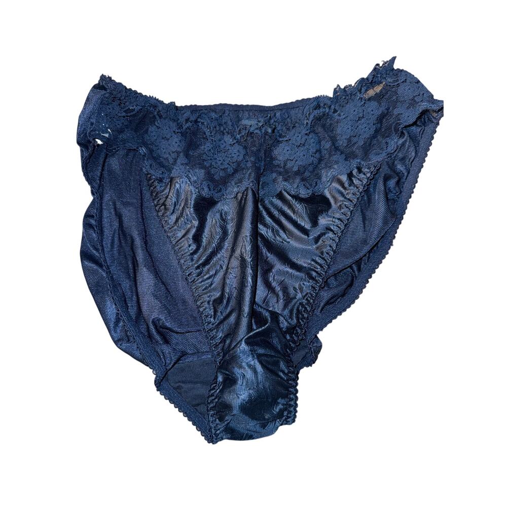 Vintage Warners Flowering Lace Navy Satin Brief Panties Style 384 Large